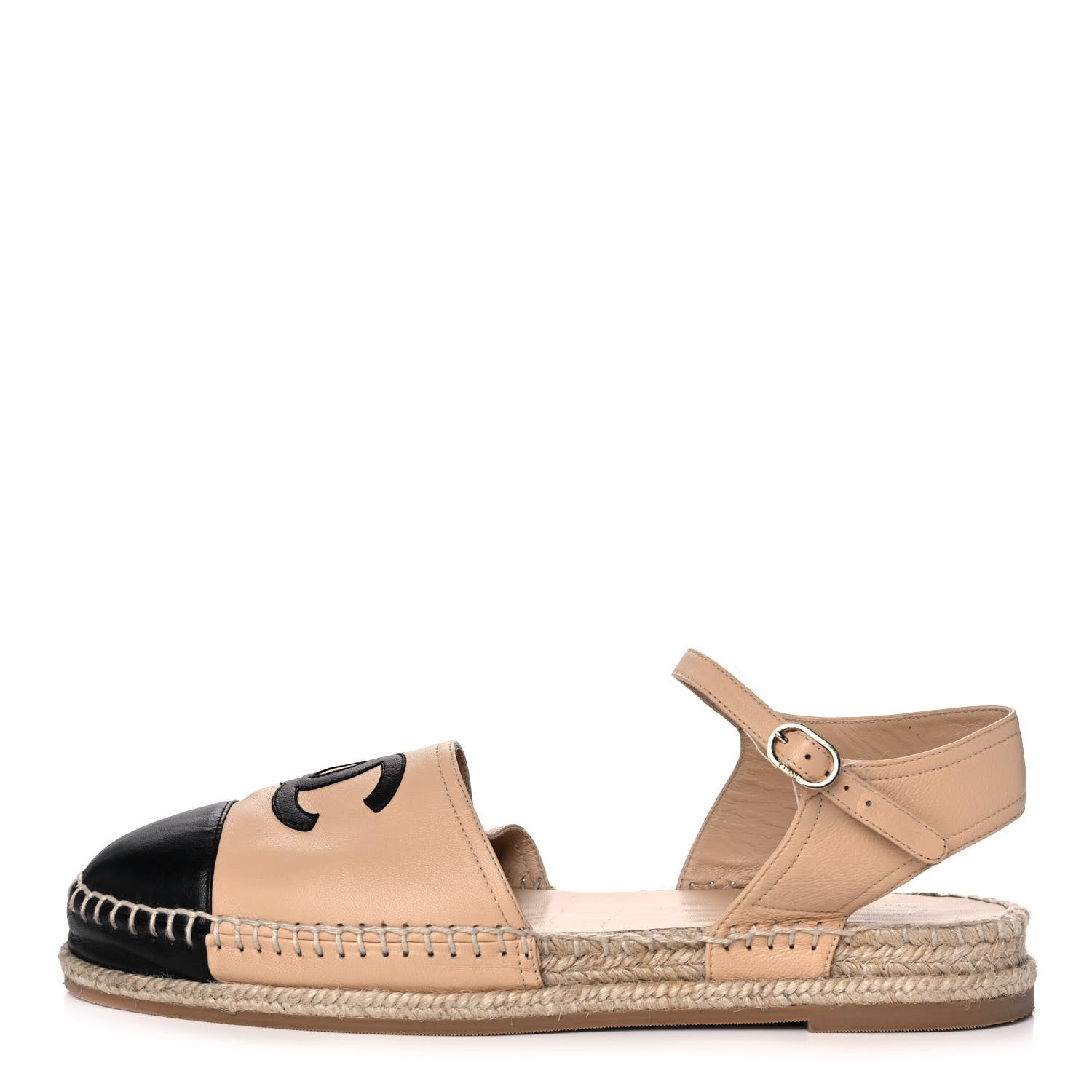 Chanel Lambskin Cap Toe CC Espadrille Sandals 42 Beige Black 1 of 13