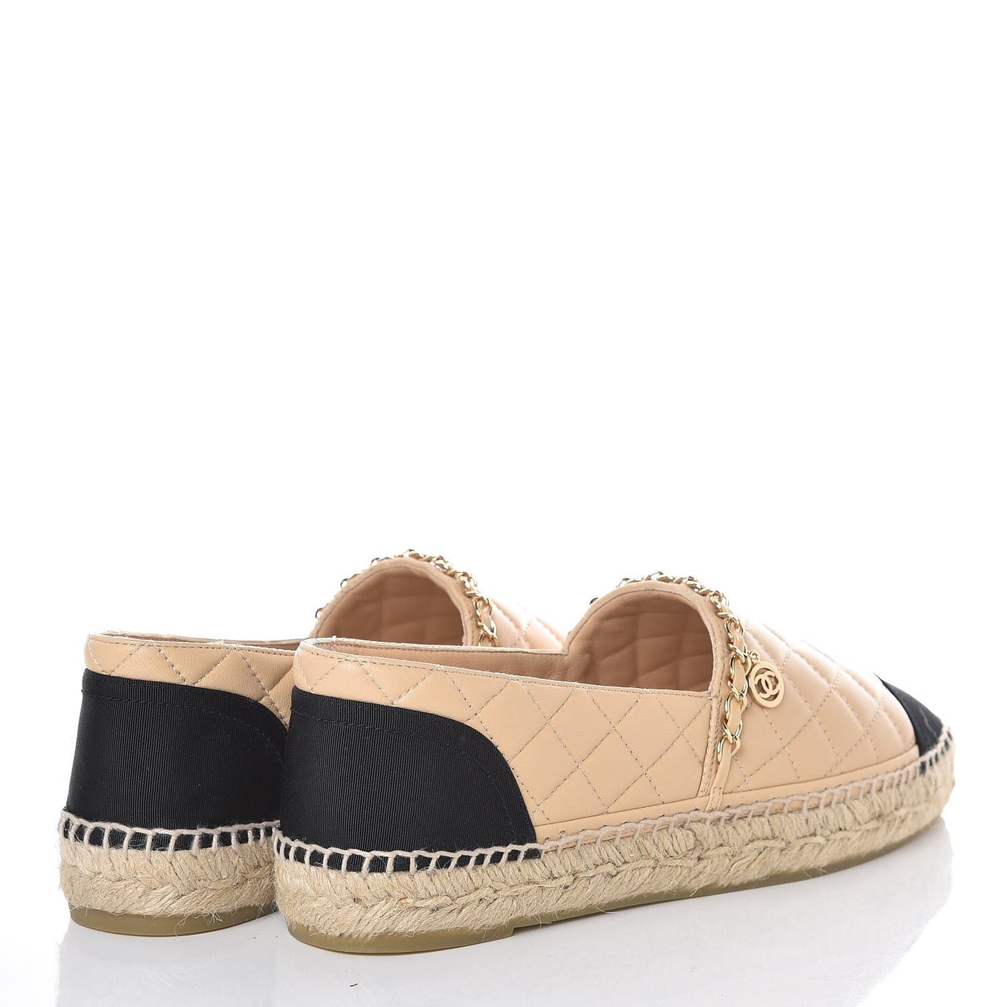 Lambskin Grosgrain Quilted CC Chain Espadrilles 41 Beige Black