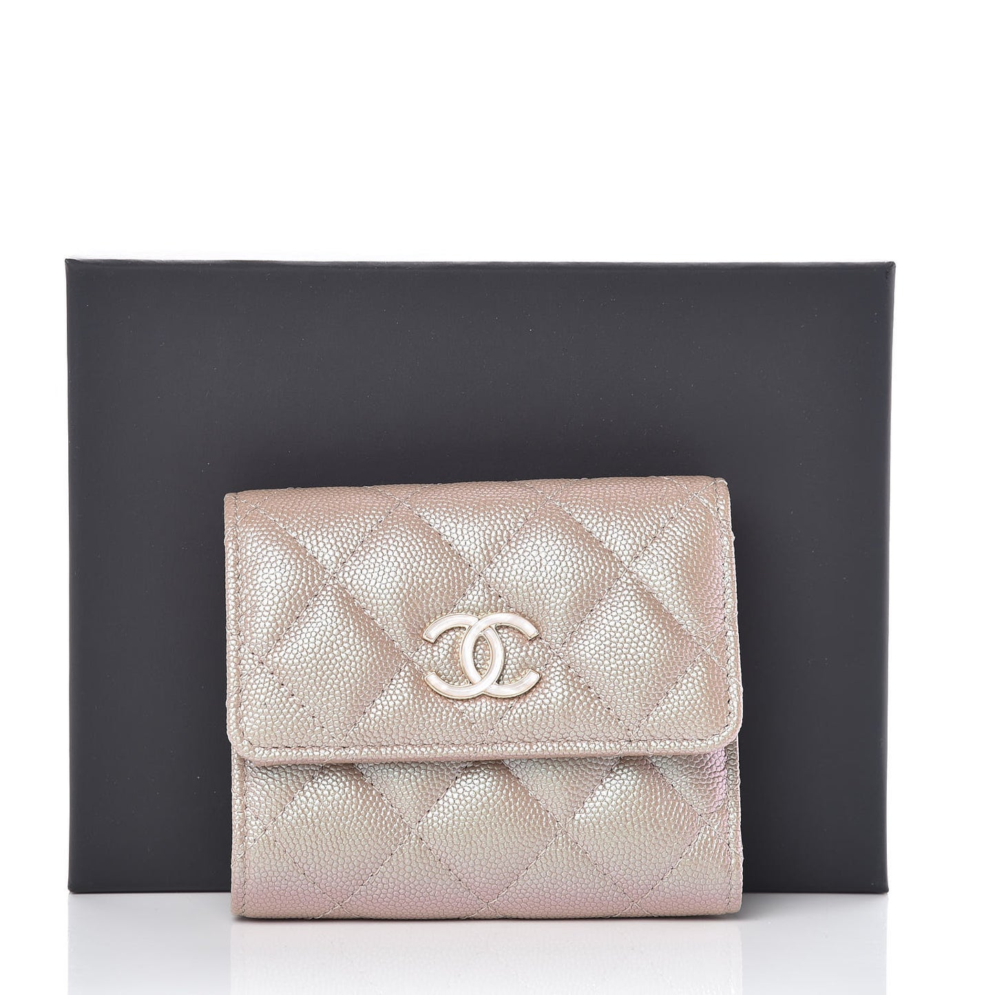 Iridescent Caviar Quilted Small Flap Wallet Beige
