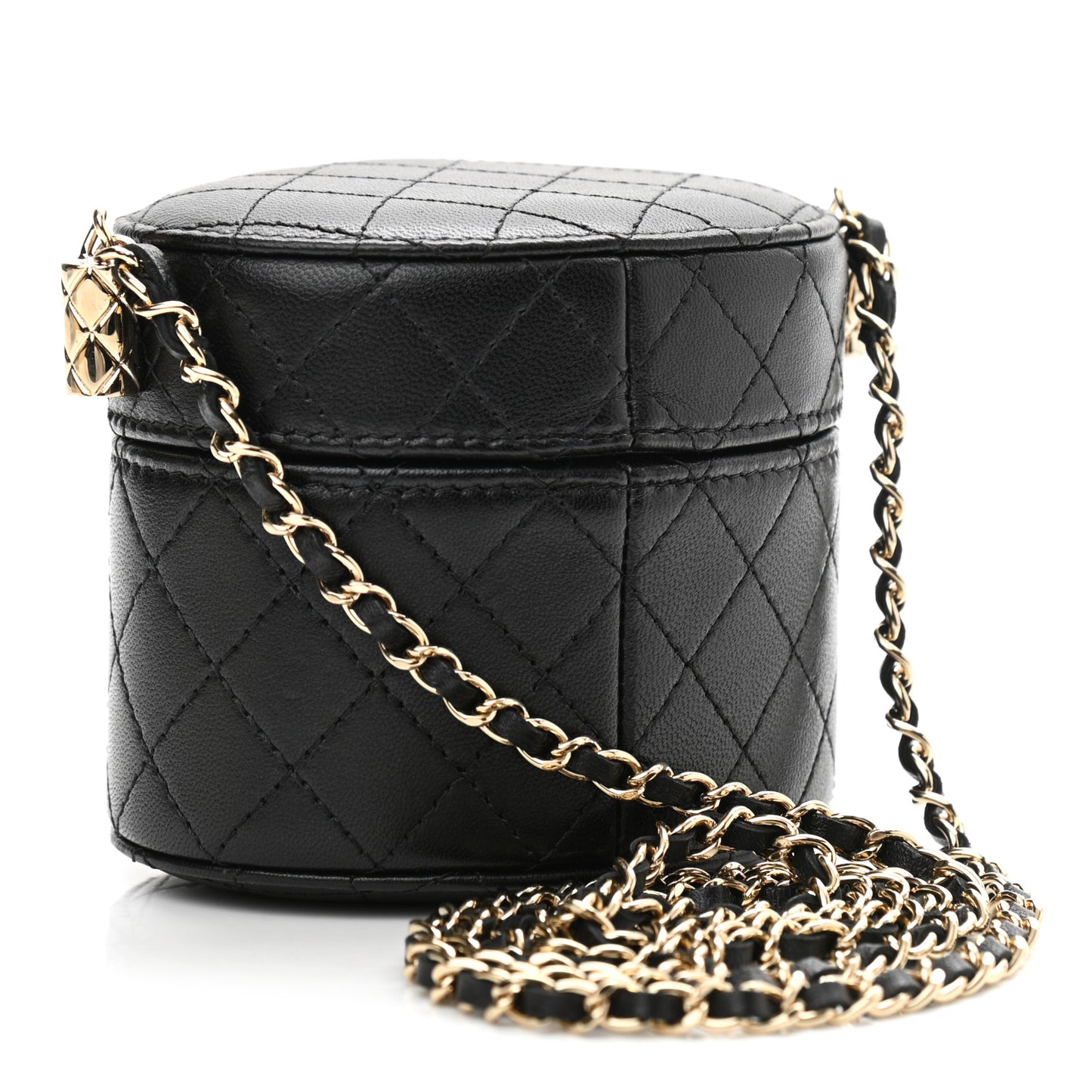 Lambskin Quilted Mini Round Vanity Case With Chain Black