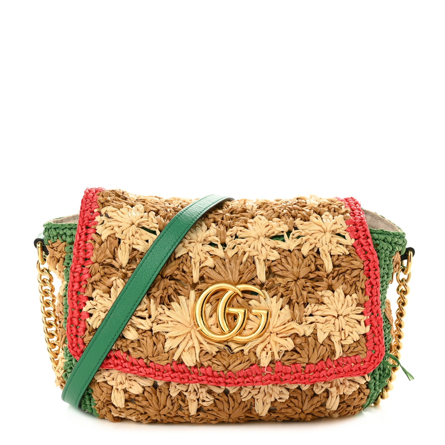 Raffia Azalea Calfskin Crochet Flower Small GG Marmont Shoulder Bag Natural Ecru Green Red New Shamarock