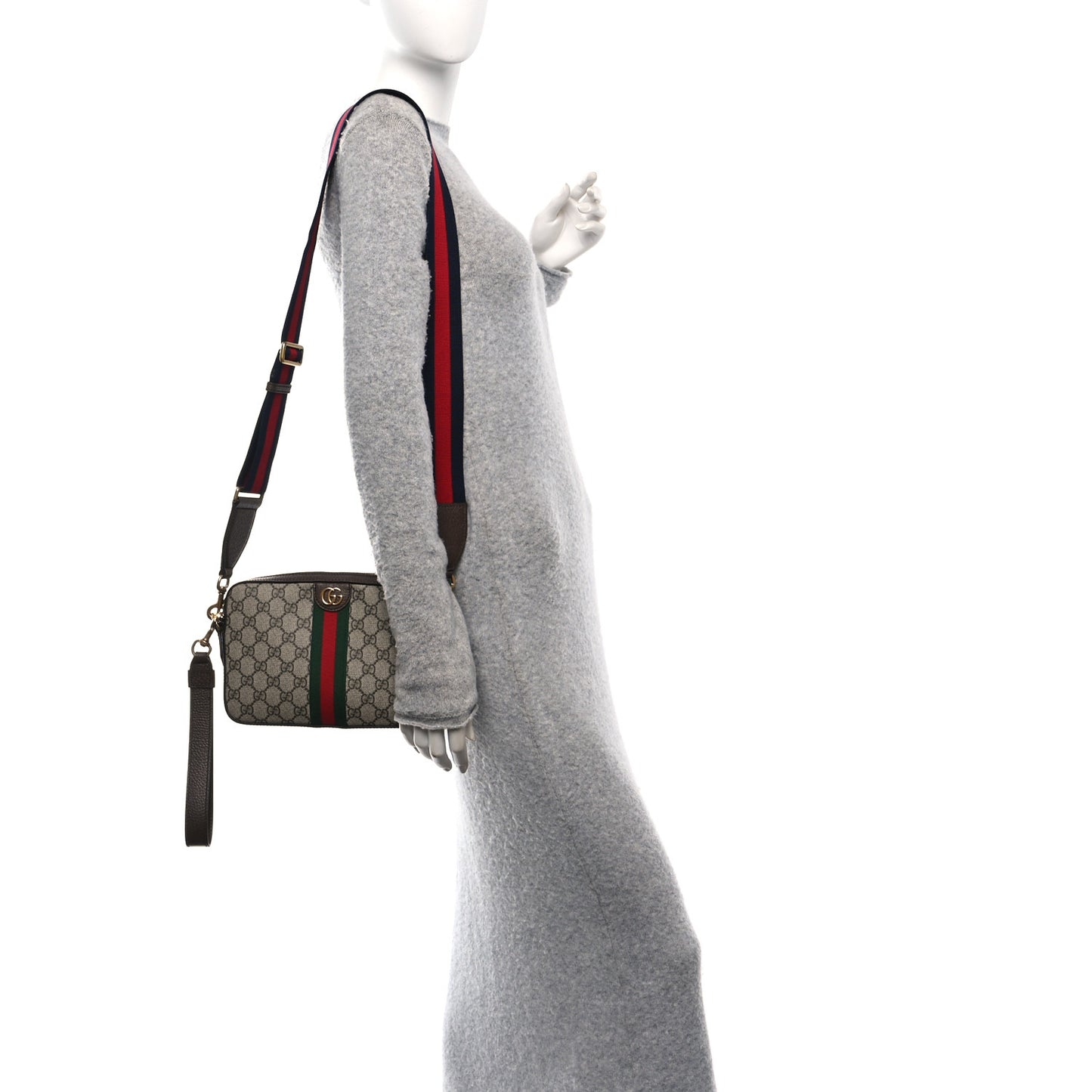 GG Supreme Monogram Textured Dollar Calfskin Web Ophidia Wristlet Shoulder Bag Beige Ebony New Acero