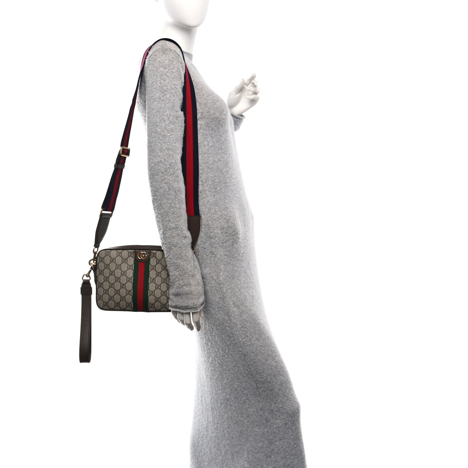 Gucci GG Supreme Monogram Textured Dollar Calfskin Web Ophidia Wristlet Shoulder Bag Beige Ebony New Acero 2 of 10
