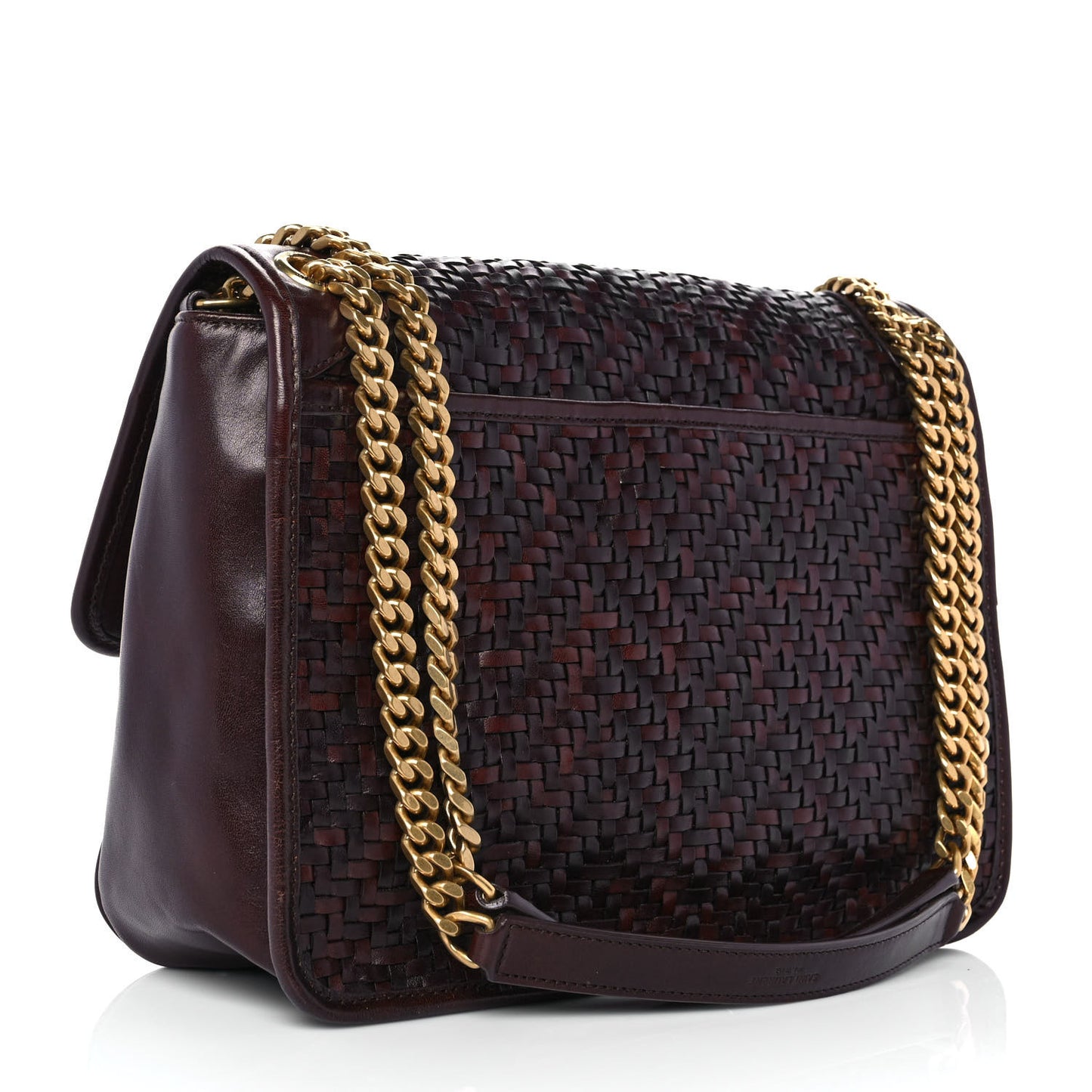 Calfskin Woven Monogram Medium Niki Chain Satchel Burnt Brown
