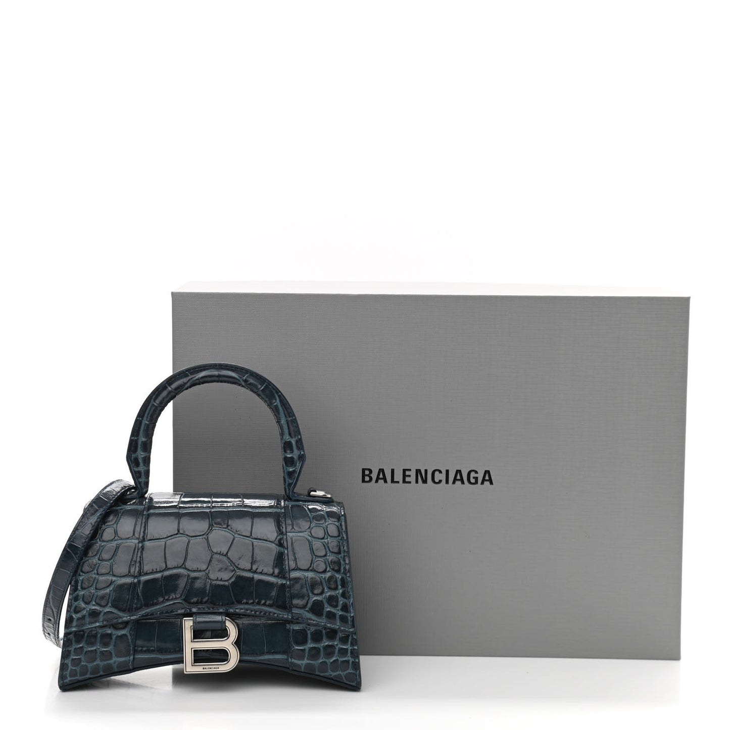 Shiny Calfskin Crocodile Embossed Hourglass Top Handle Bag XS Denim Blue