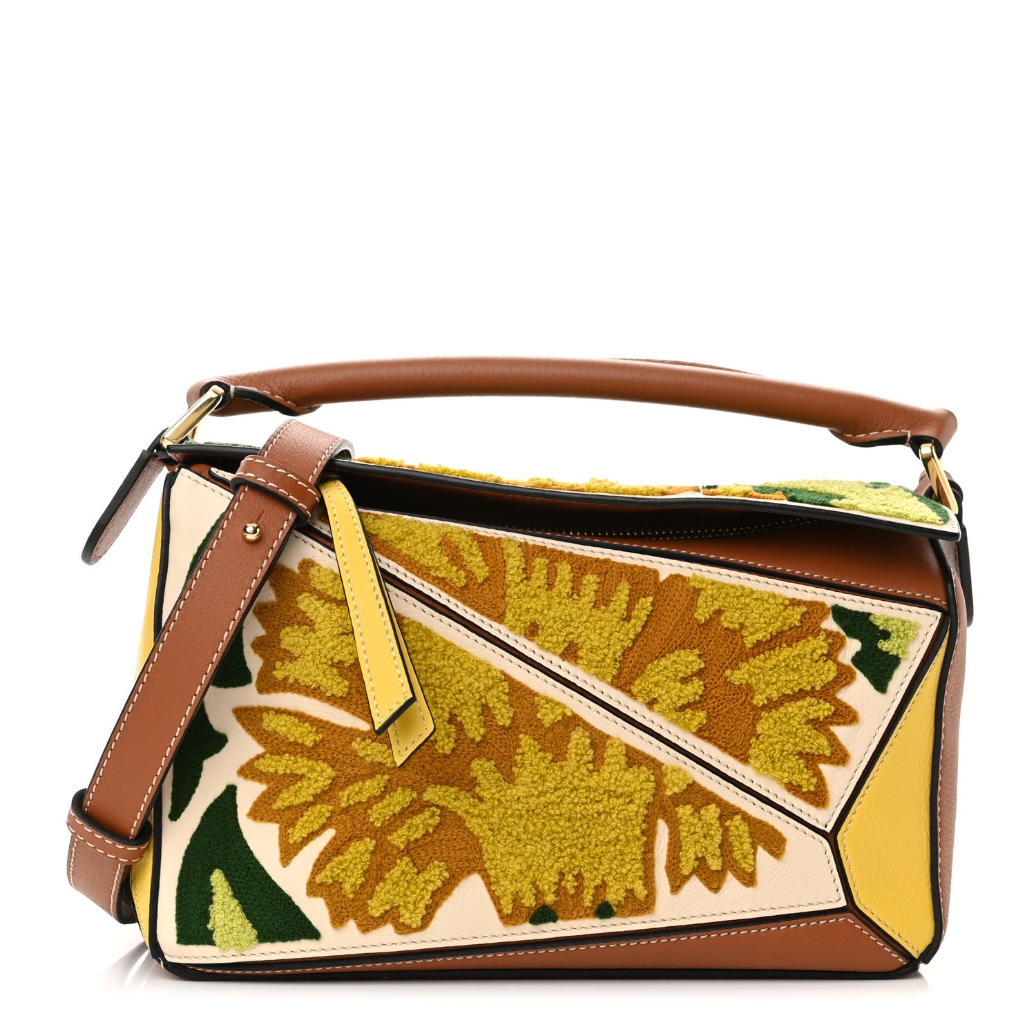 Loewe Calfskin Embroidered Floral Small Puzzle Bag Tan Yellow 1 of 9