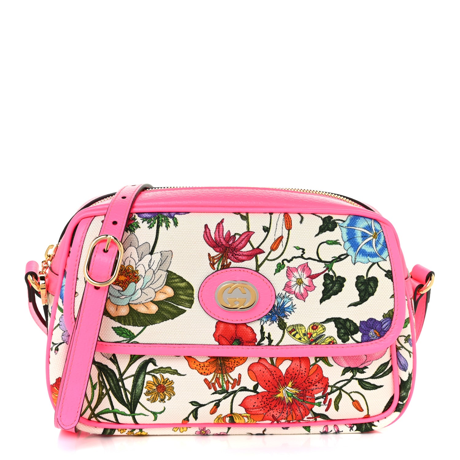Gucci Canvas Flora Floral Shoulder Bag White Fuchsia Fluo 1 of 9