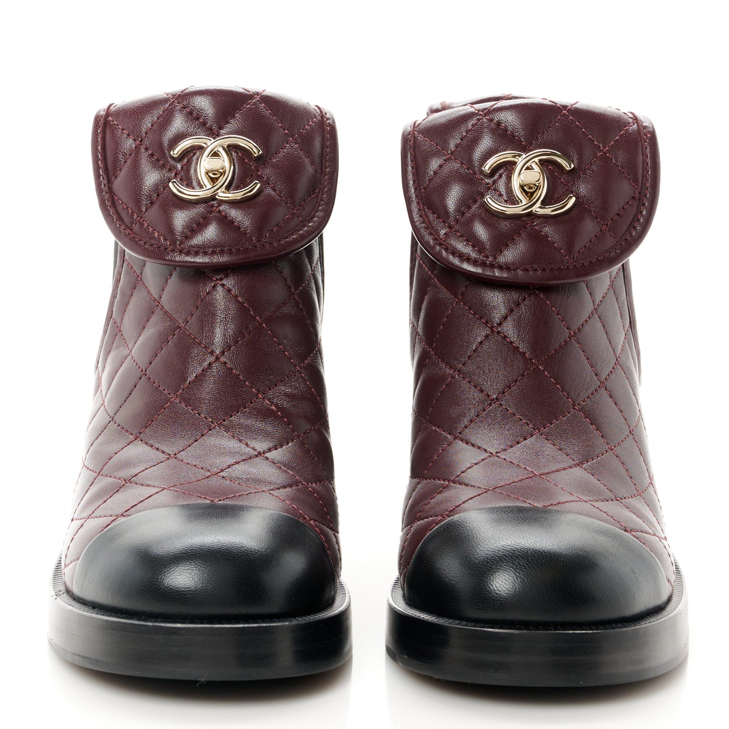 Lambskin Quilted Cap Toe CC Turnlock Booties 37 Burgundy Black