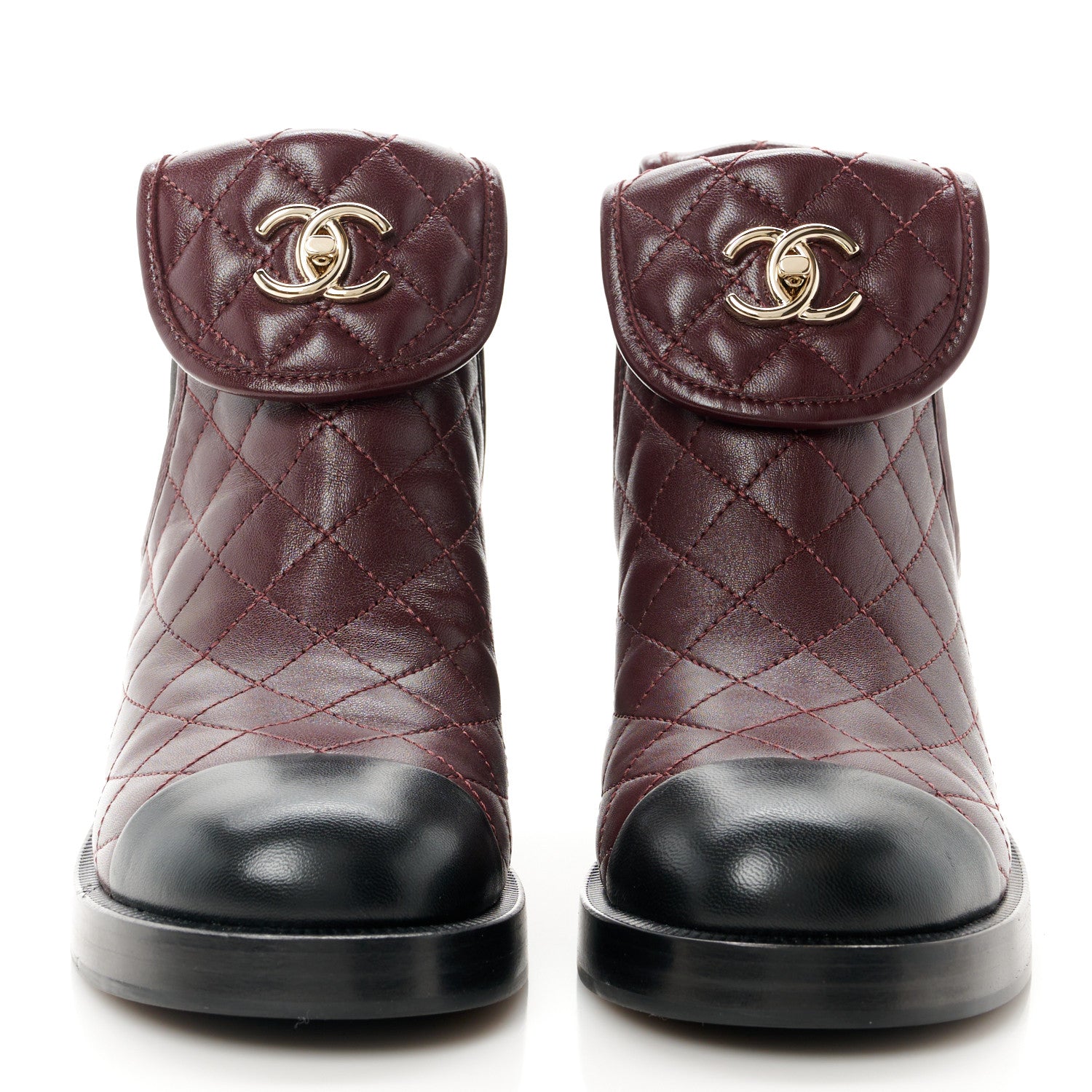 Chanel Lambskin Quilted Cap Toe CC Turnlock Booties 37 Burgundy Black 2 of 11