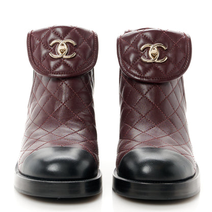 Chanel Lambskin Quilted Cap Toe CC Turnlock Booties 37 Burgundy Black 2 of 11