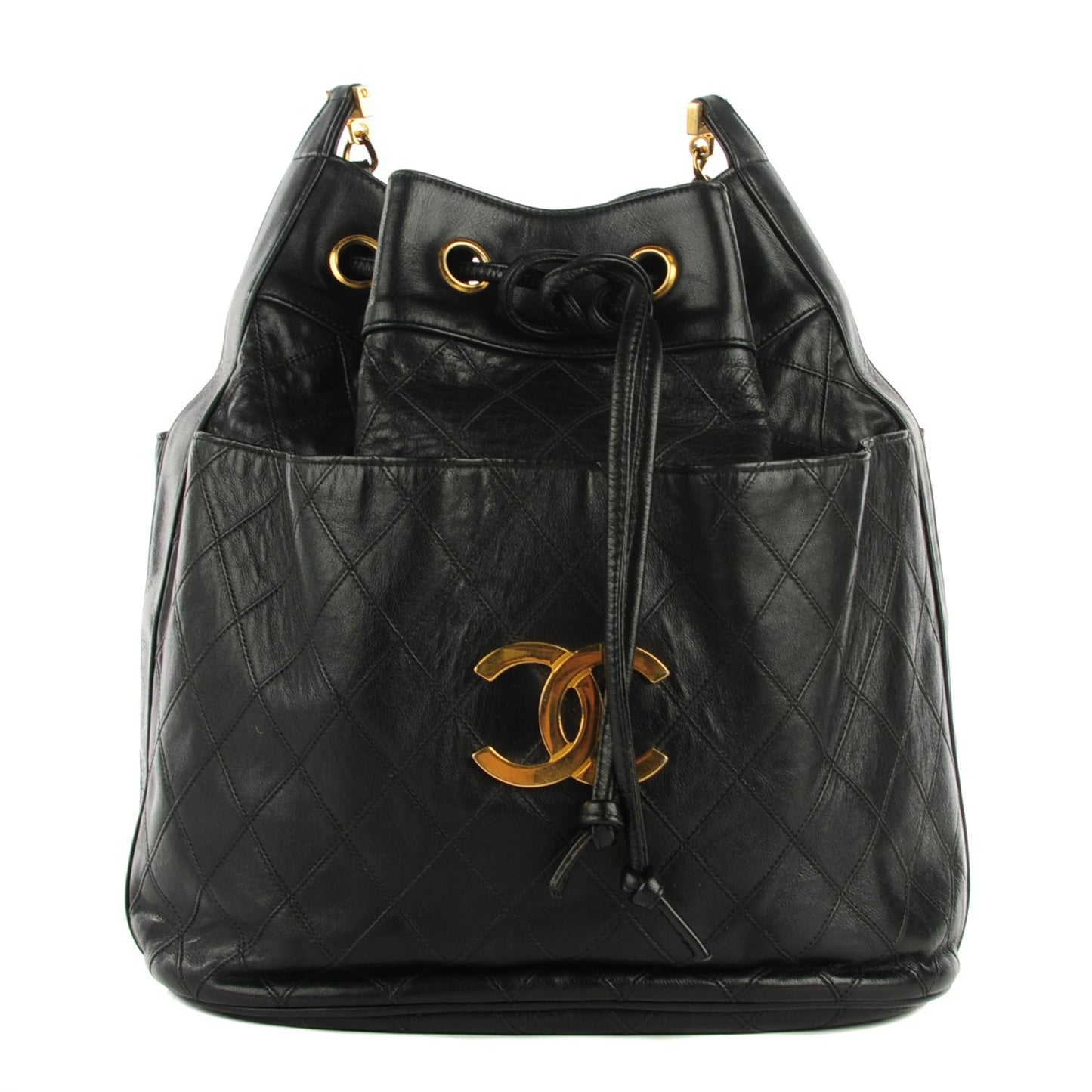 Lambskin Diamond Stitched CC Drawstring Shoulder Bag Black