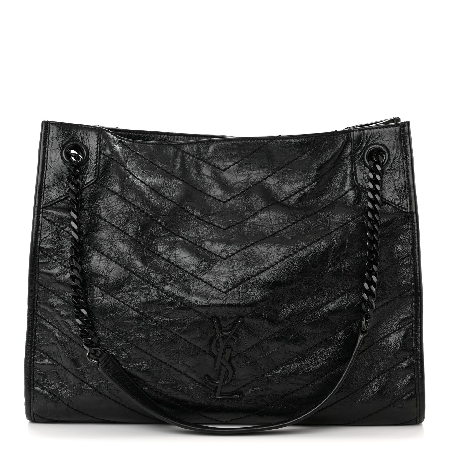 Crinkled Calfskin Matelasse Monogram Medium Niki Shopper Tote Black