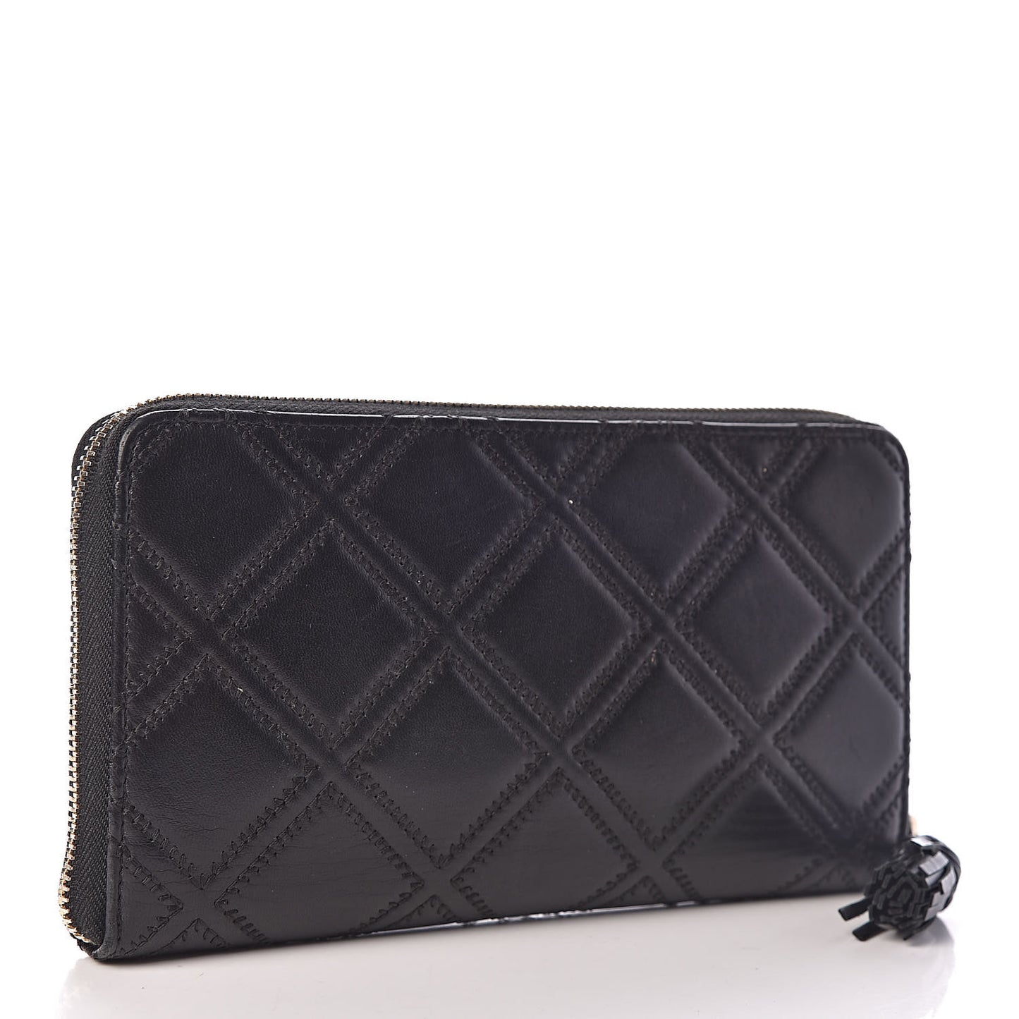 Lambskin Diamond Stitched Large Zip Around Organizer Wallet Black