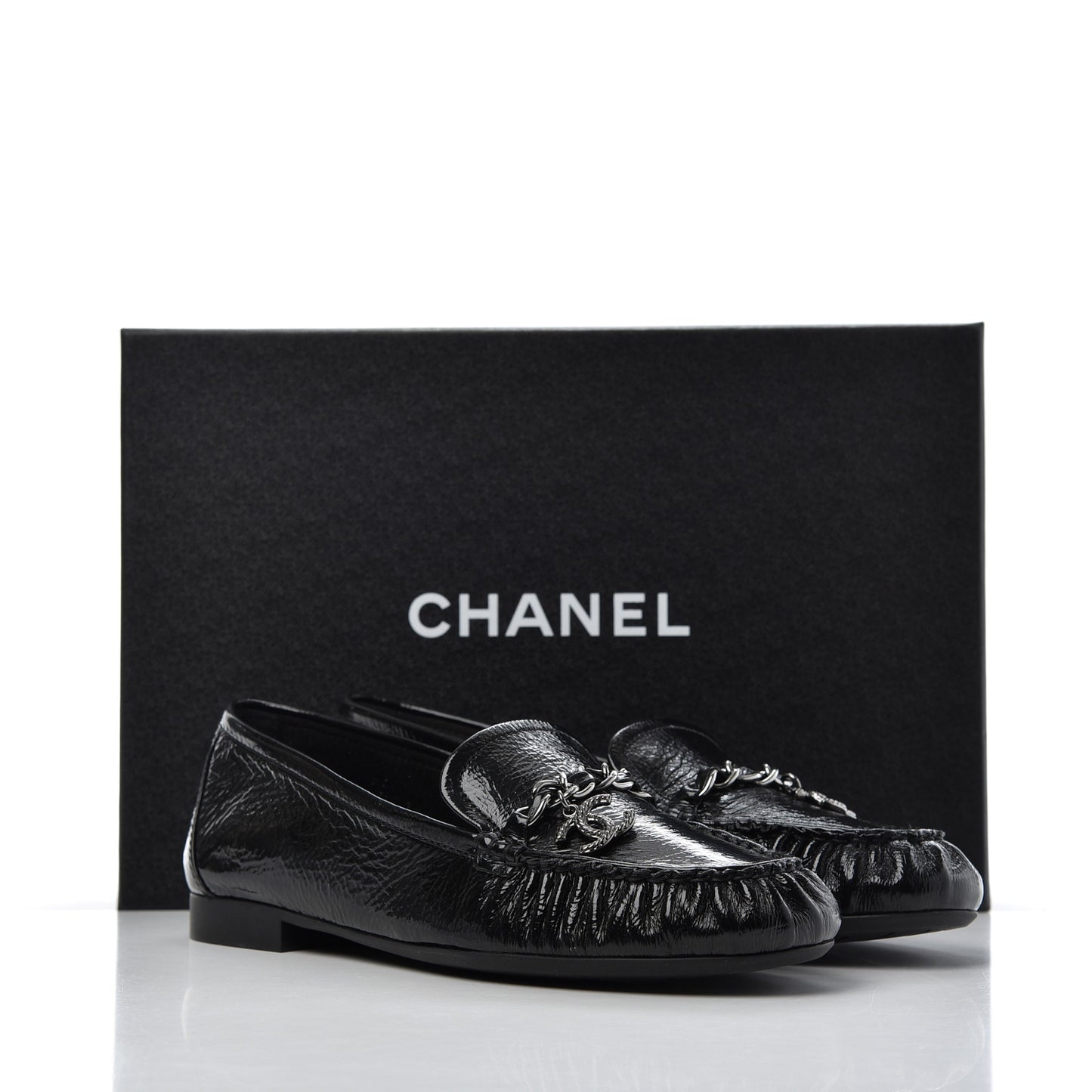 Crackled Patent Calfskin CC Mocassin Loafers 38 Black