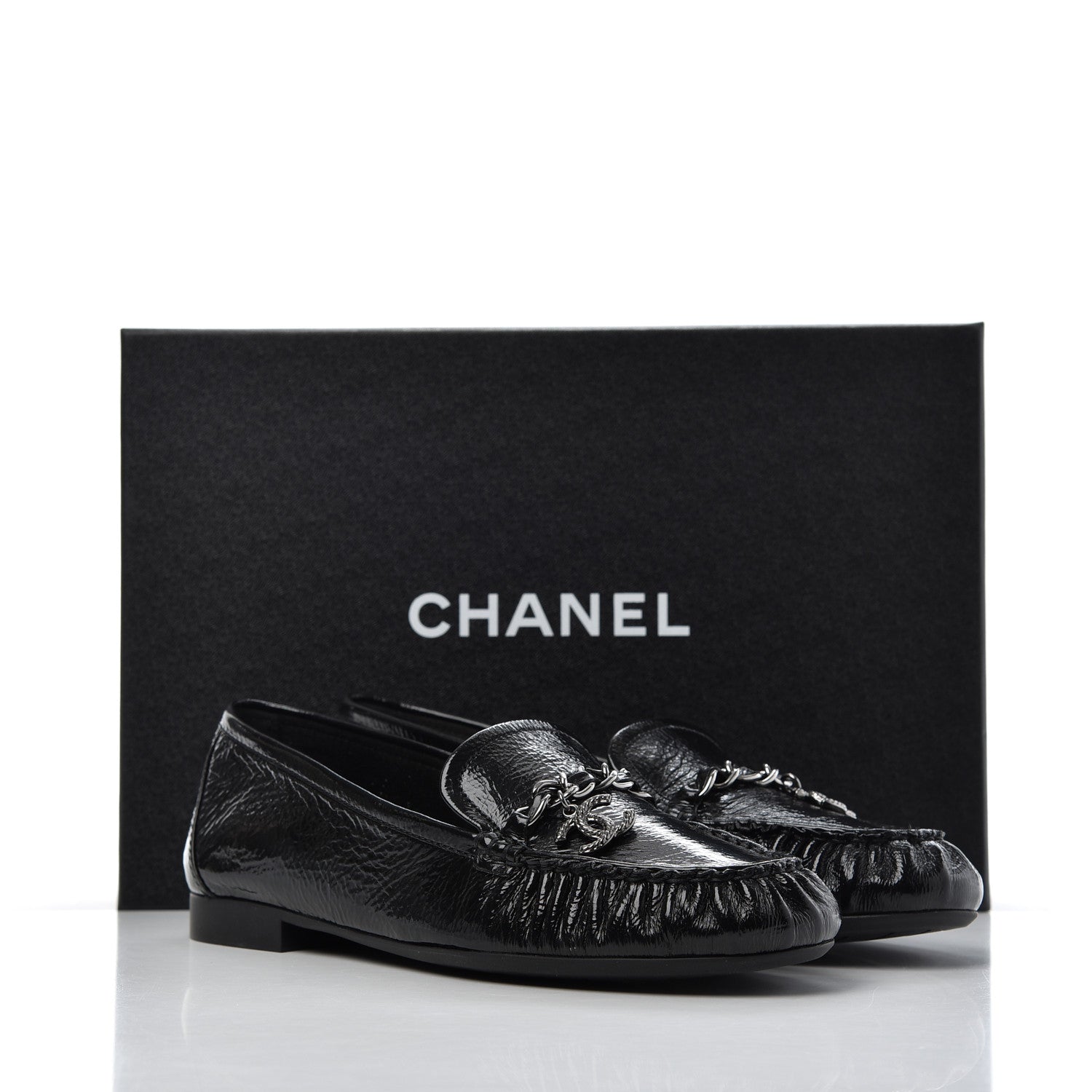 Chanel Crackled Patent Calfskin CC Mocassin Loafers 38 Black 14 of 14