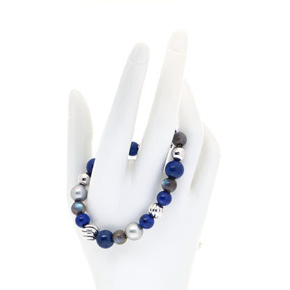 David Yurman Sterling Silver Lapis Lazuli Labradorite Gray Pearl 8mm Elements Bead Bracelet 2 of 4