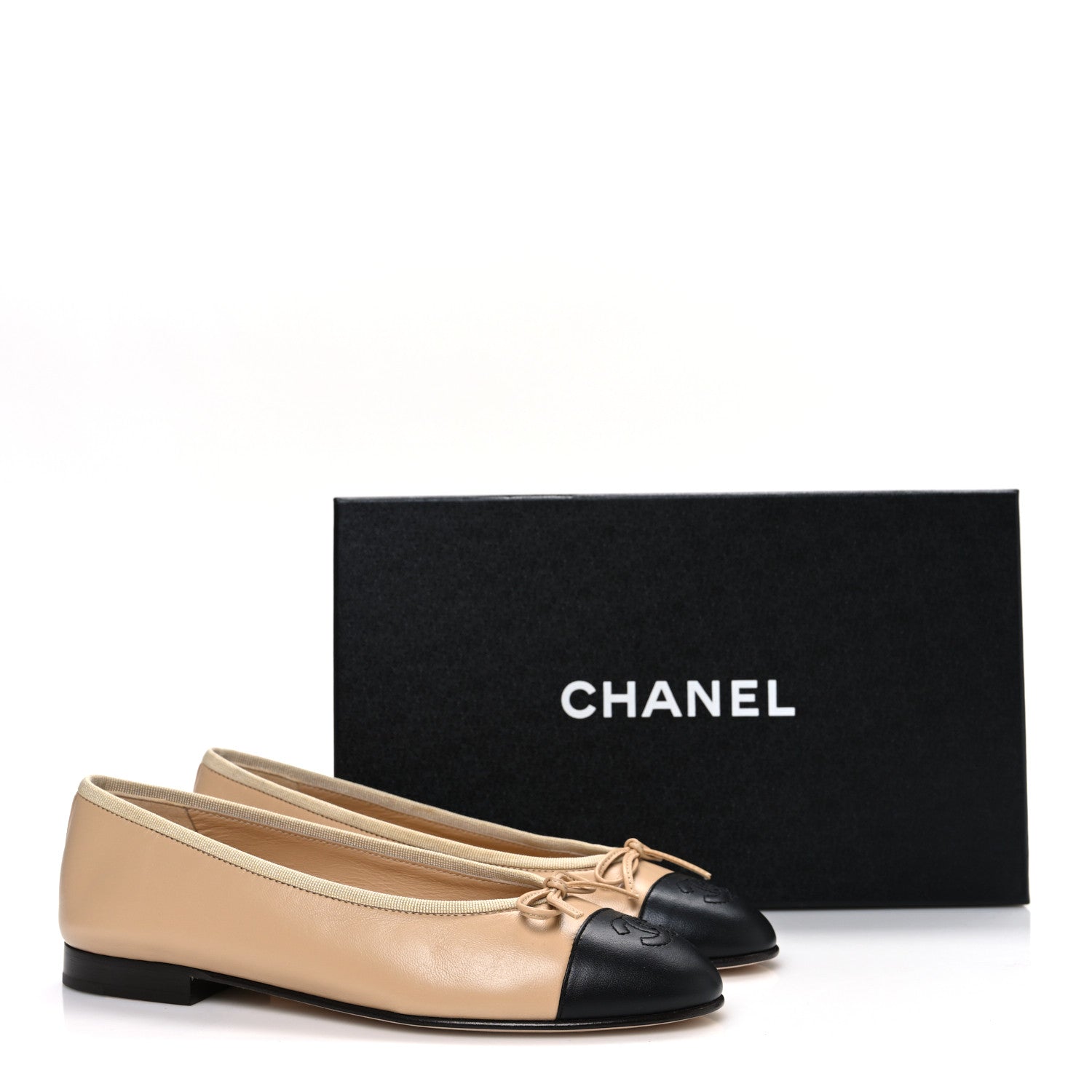 Chanel Lambskin Cap Toe CC Ballerina Flats 37 Beige Black 12 of 12