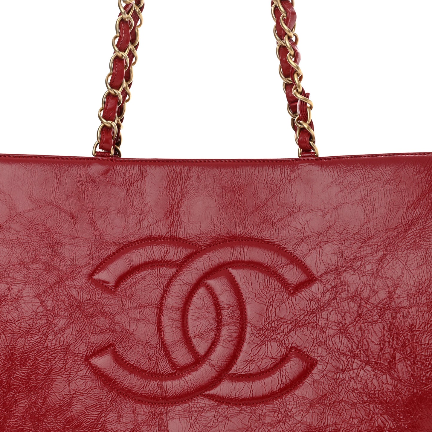 Shiny Aged Calfskin Shopping Bag Red