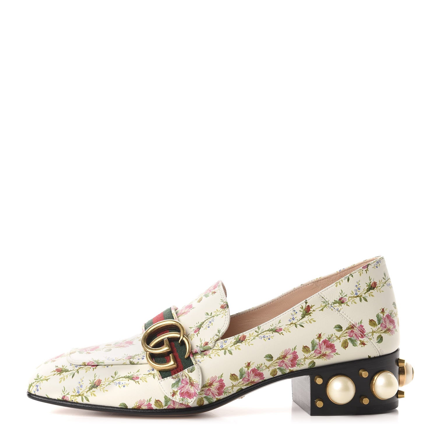 Gucci Calfskin Web Pearl Floral Embellished Peyton Loafer 38 White Multicolor 1 of 10