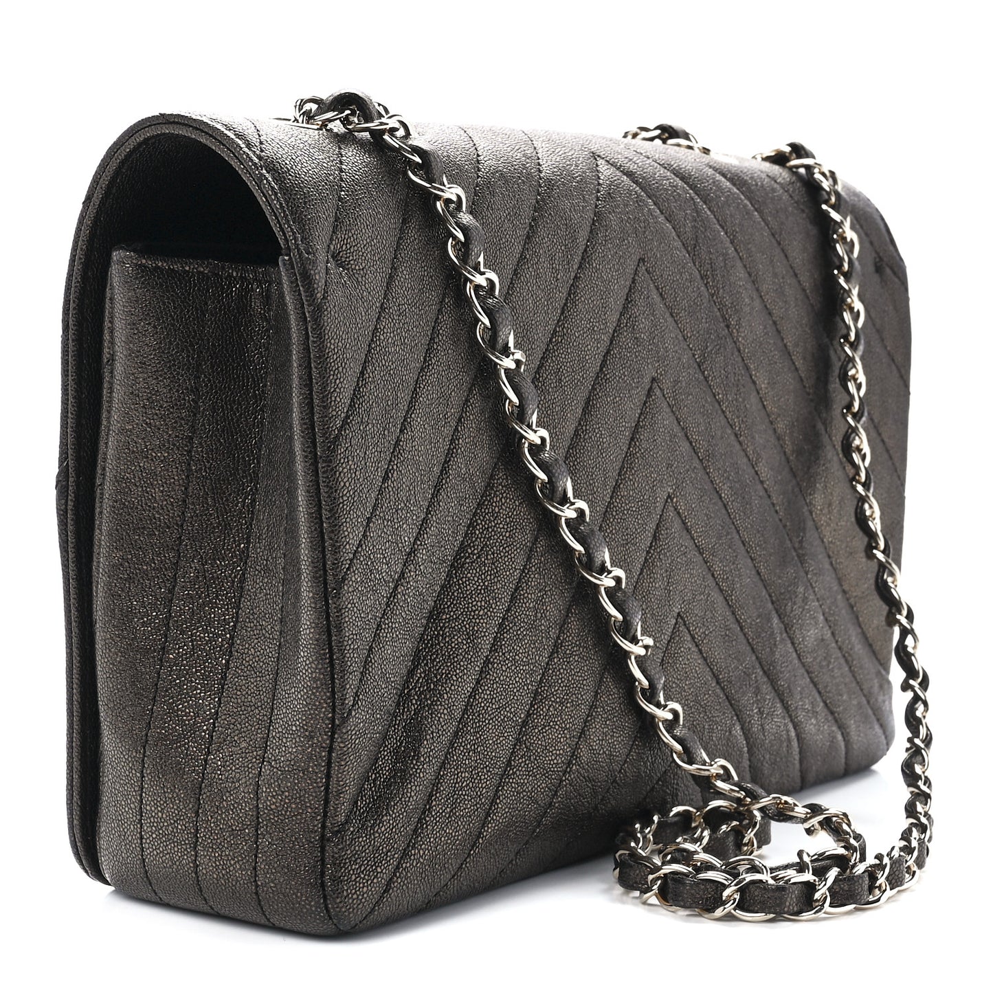 Metallic Caviar Chevron Quilted Medium Statement Flap Bronze