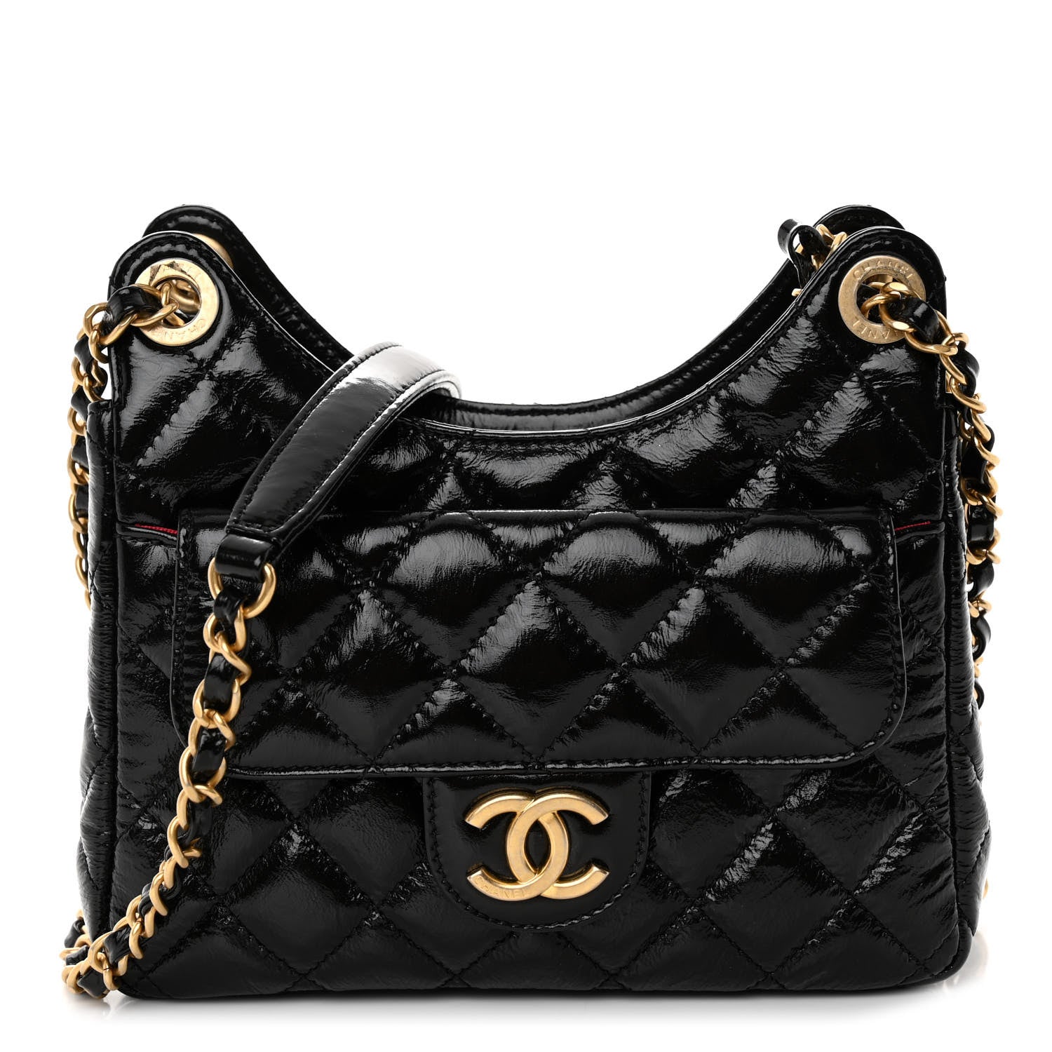 Chanel Shiny Crumpled Calfskin Quilted Small Wavy CC Hobo Black 1 of 10