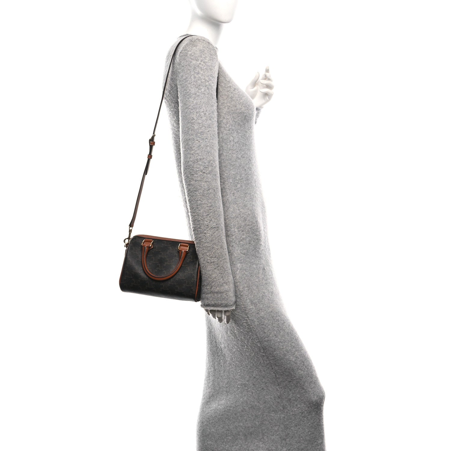 Celine Triomphe Canvas Calfskin Small Boston Bag Tan 2 of 9