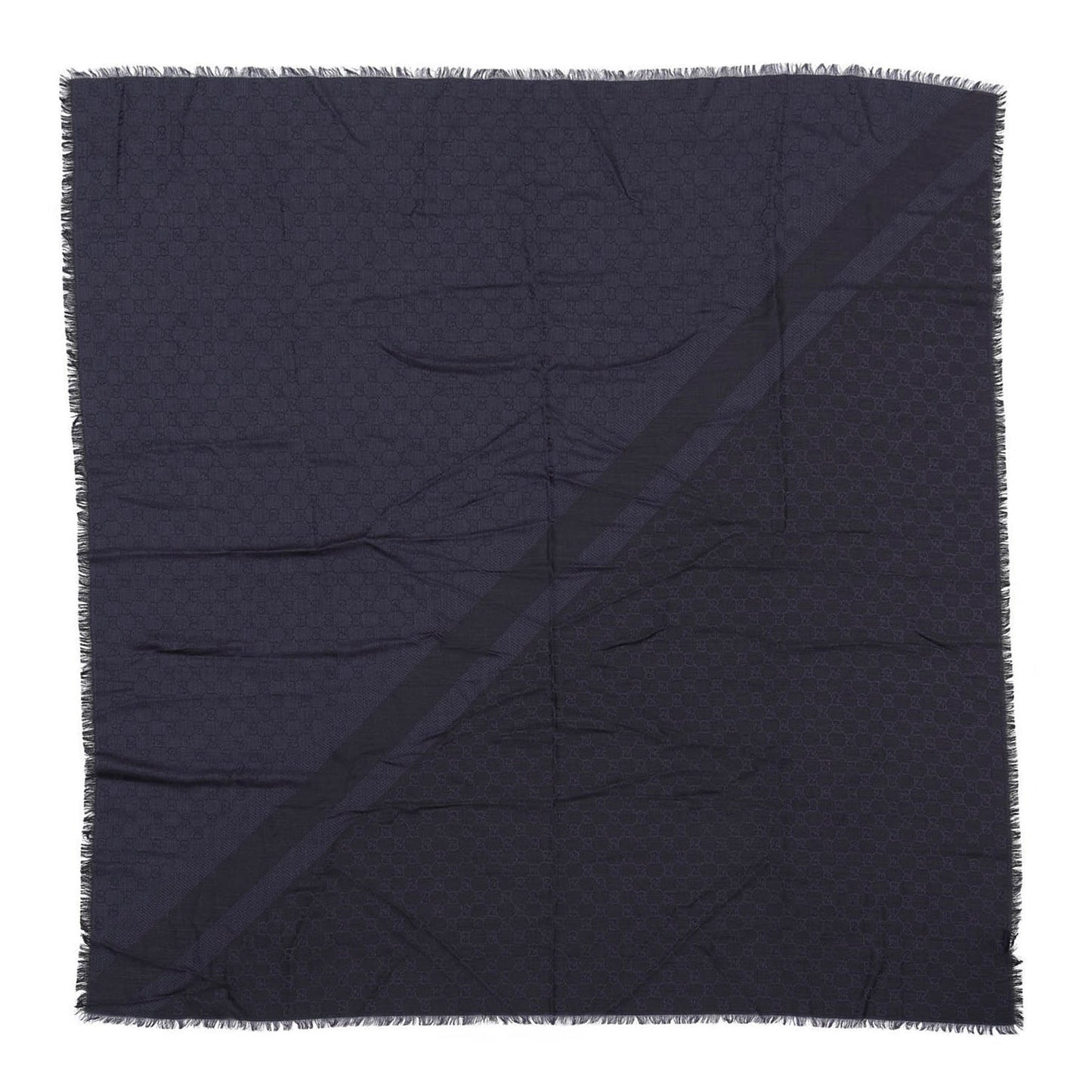 Wool Silk Monogram GGWeb Fringe Shawl Navy Black