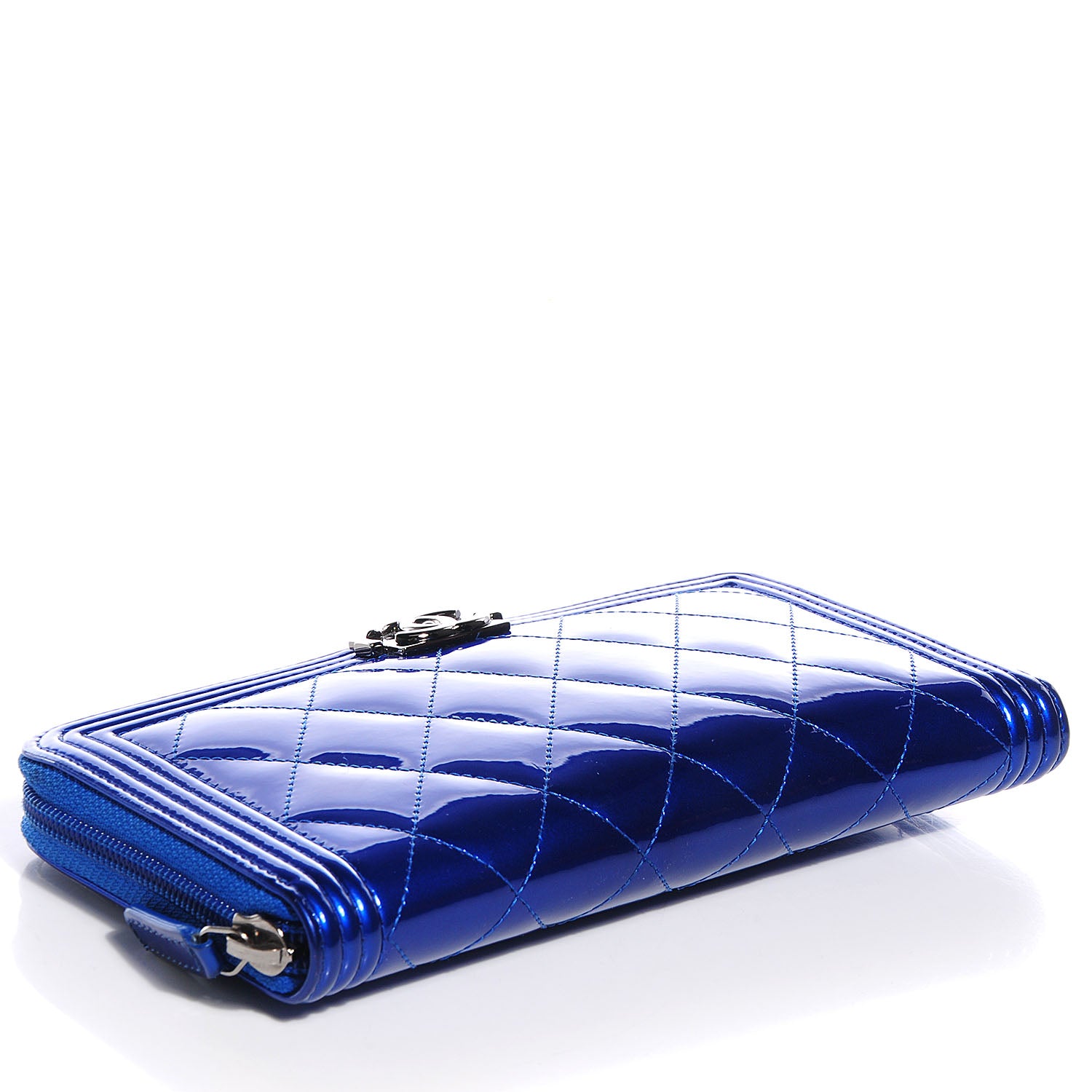 Chanel Metallic Patent Quilted Boy L-Gusset Zip Wallet Blue 4 of 9