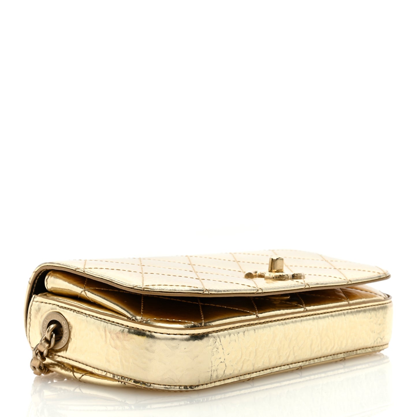 Hammered Metallic Calfskin Quilted Flap Gold