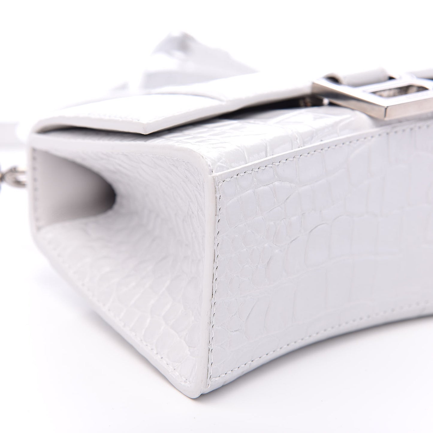 Shiny Calfskin Crocodile Embossed Hourglass Top Handle Bag XS White