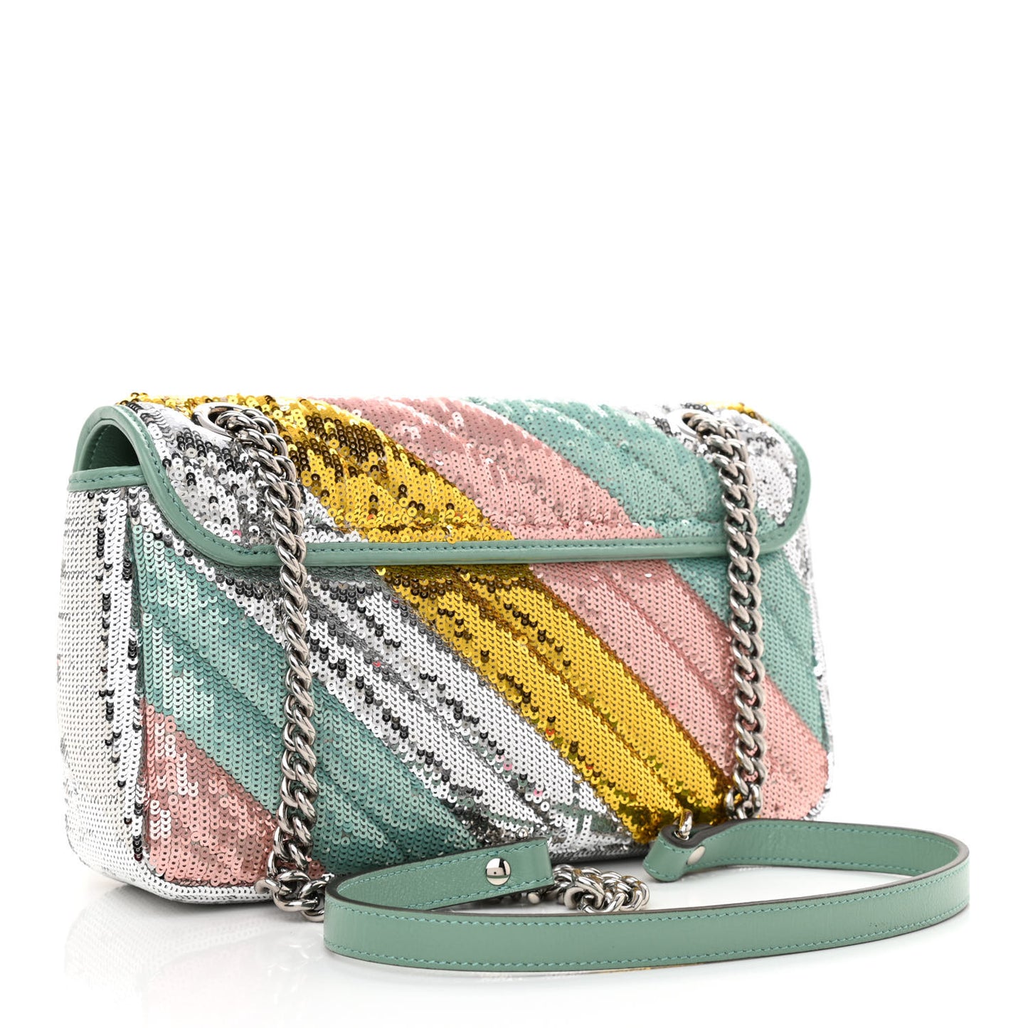 Sequin Satin Calfskin Matelasse Diagonal Small GG Marmont Shoulder Bag Grigio Argento Verde Chiaro Rosa Giallo Light Water Green