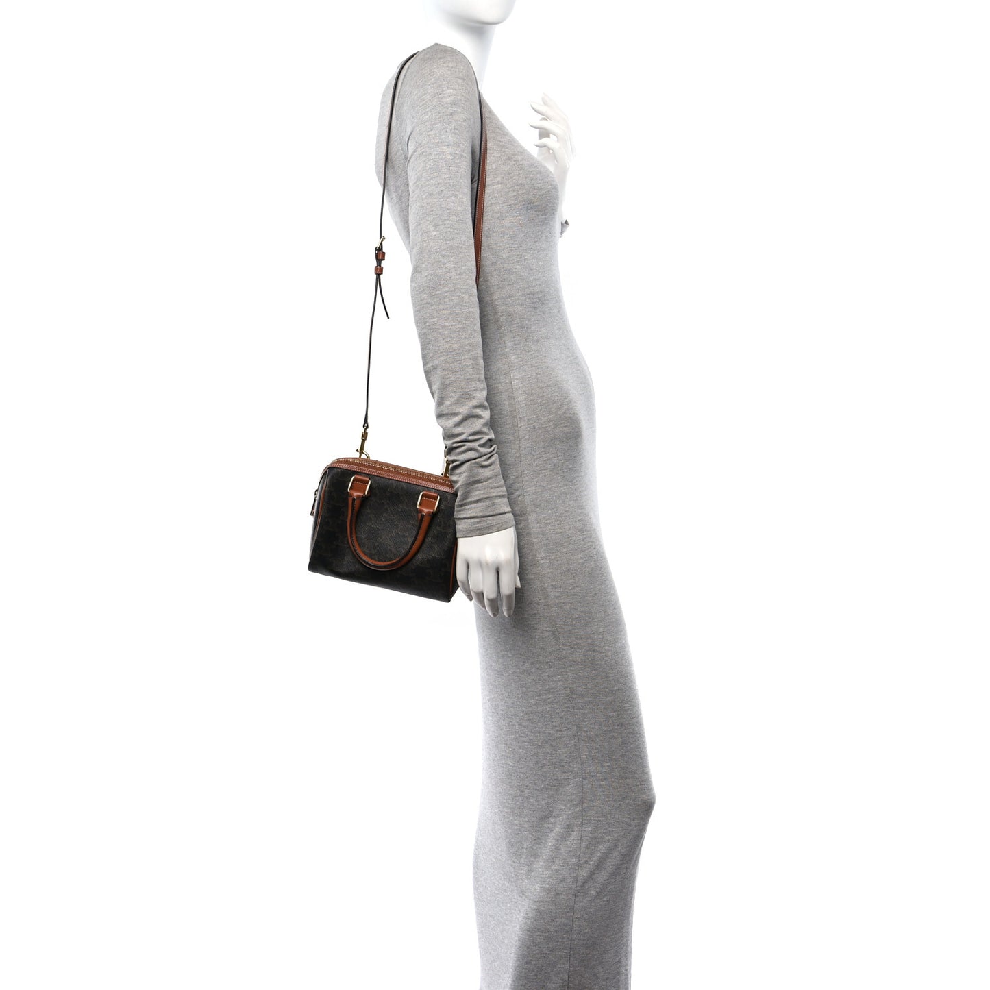 Triomphe Canvas Calfskin Small Boston Bag Tan