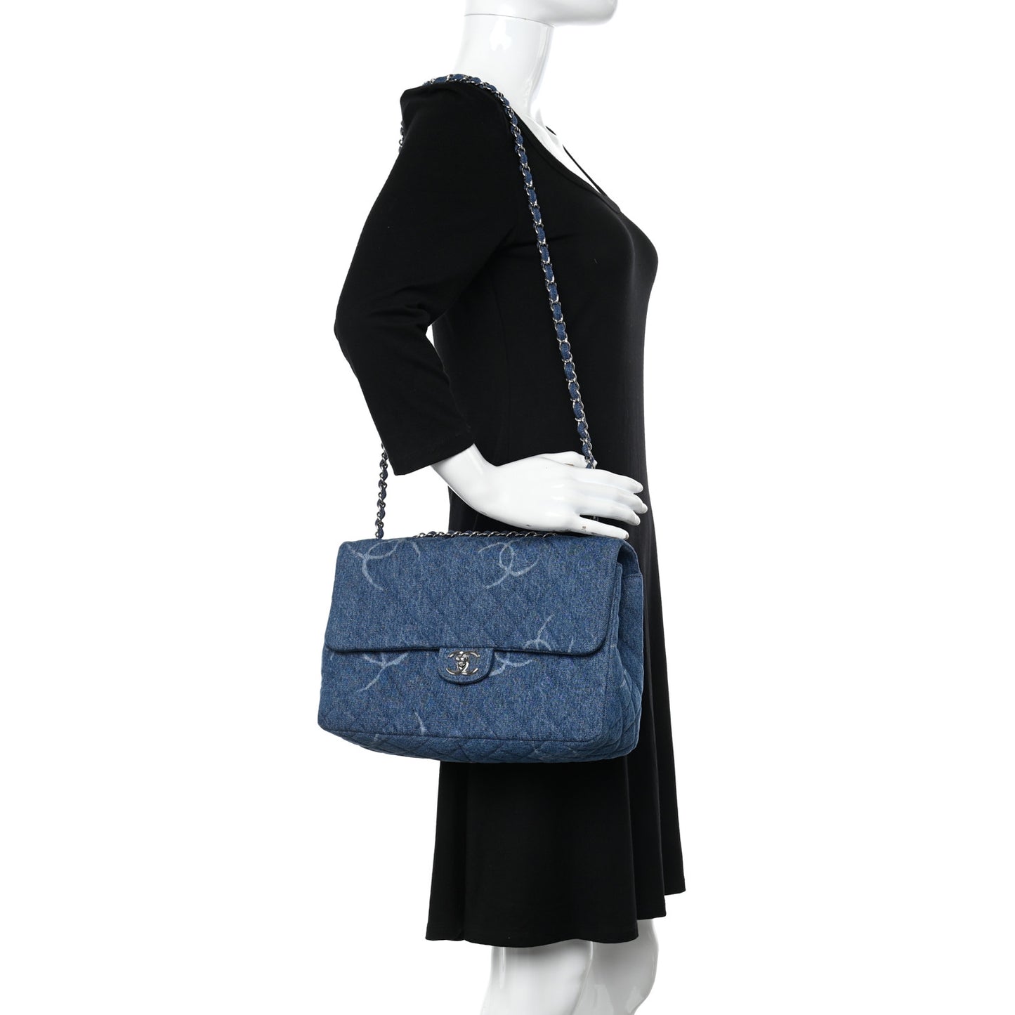 Denim Quilted CC Print Jumbo Single Flap Blue