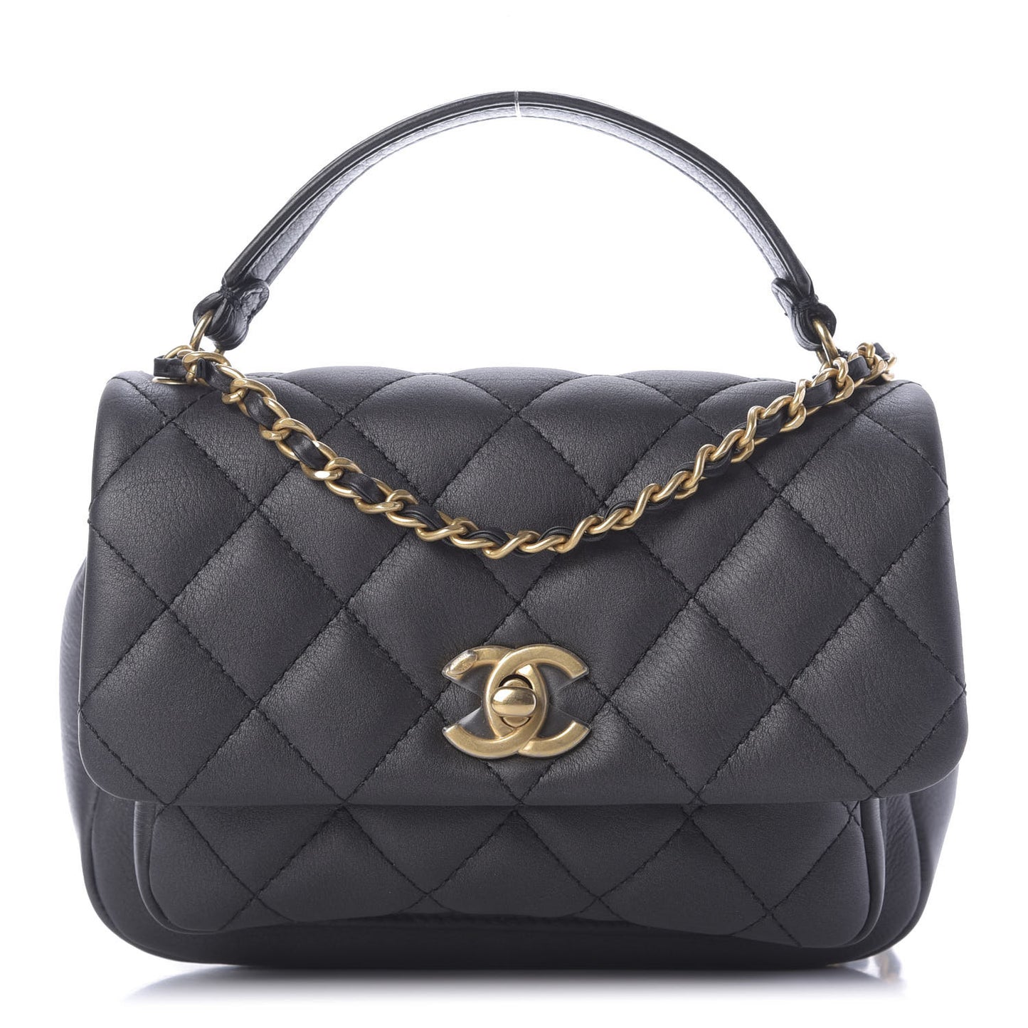 Calfskin Quilted Top Handle Flap Black