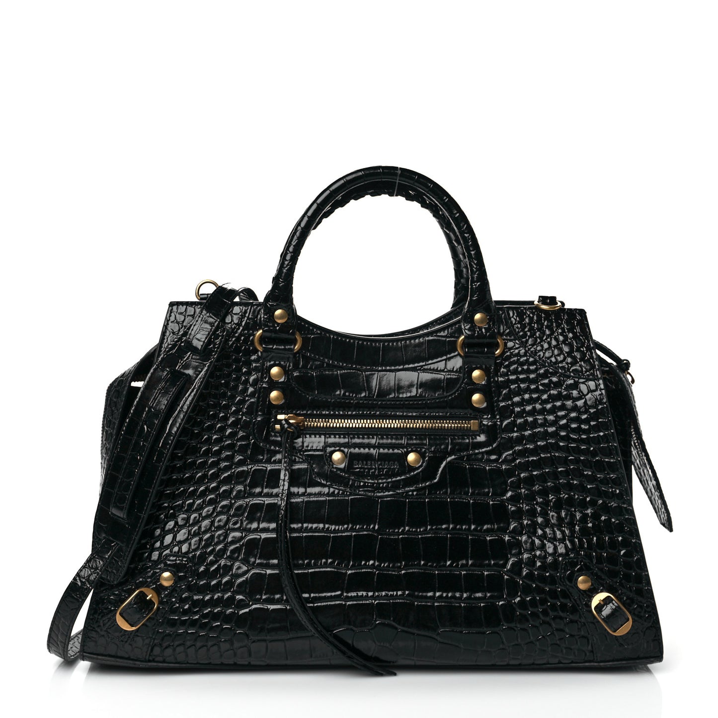 Shiny Supple Calfskin Crocodile Embossed Brass Hardware Neo Classic City Black