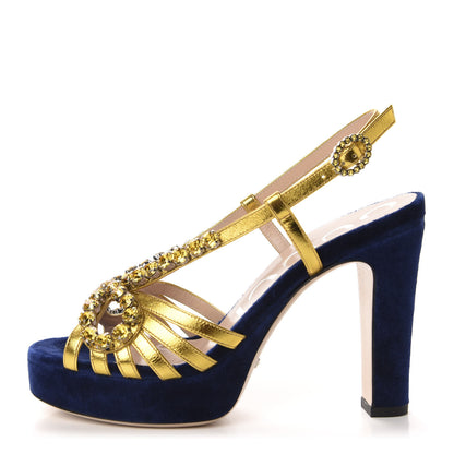 Gucci Velvet Nappa Crystal Zephyra Slingback Platform High Heel Sandals 35.5 Blue Gold 1 of 10