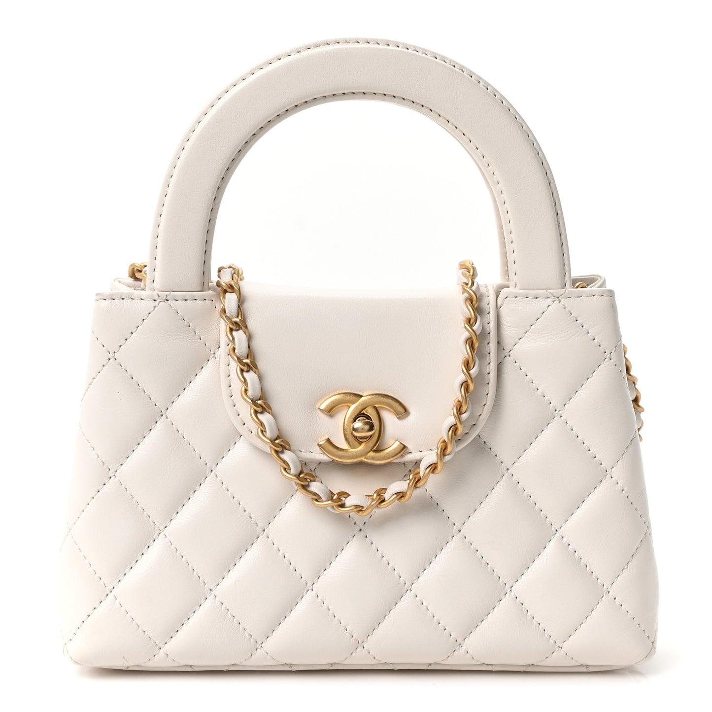 Shiny Aged Calfskin Quilted Nano Kelly Shopper White