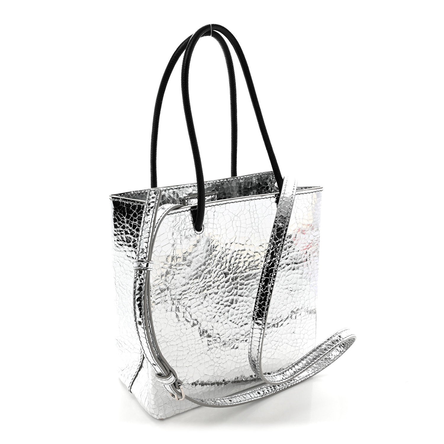 Balenciaga Crackled Mirror Calfskin Logo North South Shopper Tote XXS Silver 3 of 9