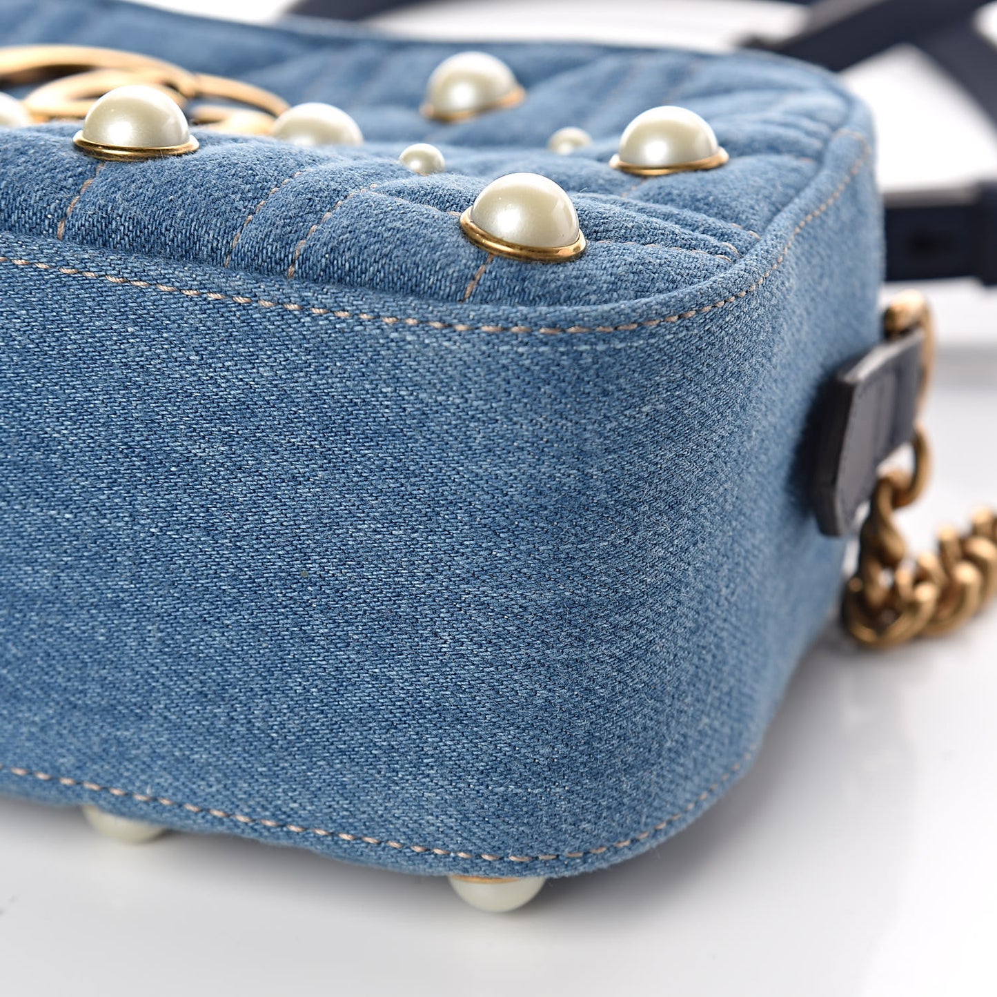 Denim Matelasse Pearl Studded Small GG Marmont Chain Shoulder Bag Blue