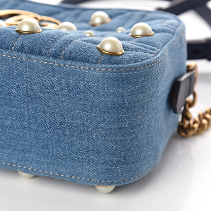 Gucci Denim Matelasse Pearl Studded Small GG Marmont Chain Shoulder Bag Blue 12 of 12