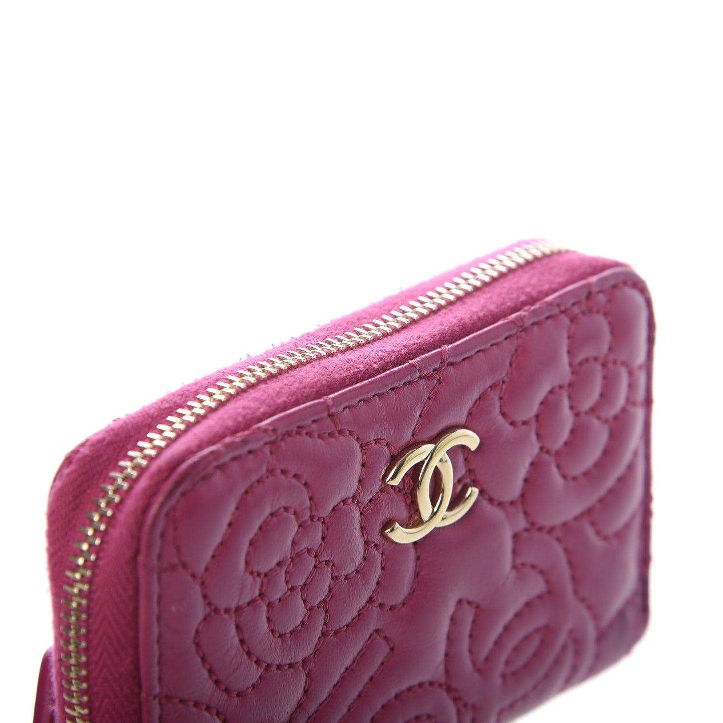 Lambskin Camellia Embossed Zip Coin Purse Fuchsia