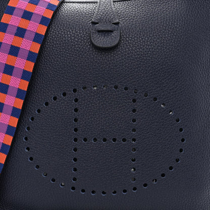 Hermes Taurillon Clemence Quadrille Evelyne III PM Bleu Nuit Bleu Saphir Anemone Capucine 8 of 11
