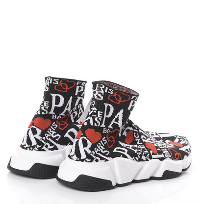 Balenciaga Neoprene Knit Bonjour Paris Womens Speed Sneakers 38 Black White Red 4 of 6