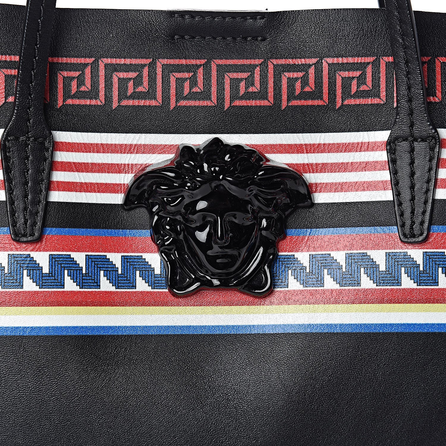 Versace Calfskin Stripe Greek City Key Tote Black 11 of 11