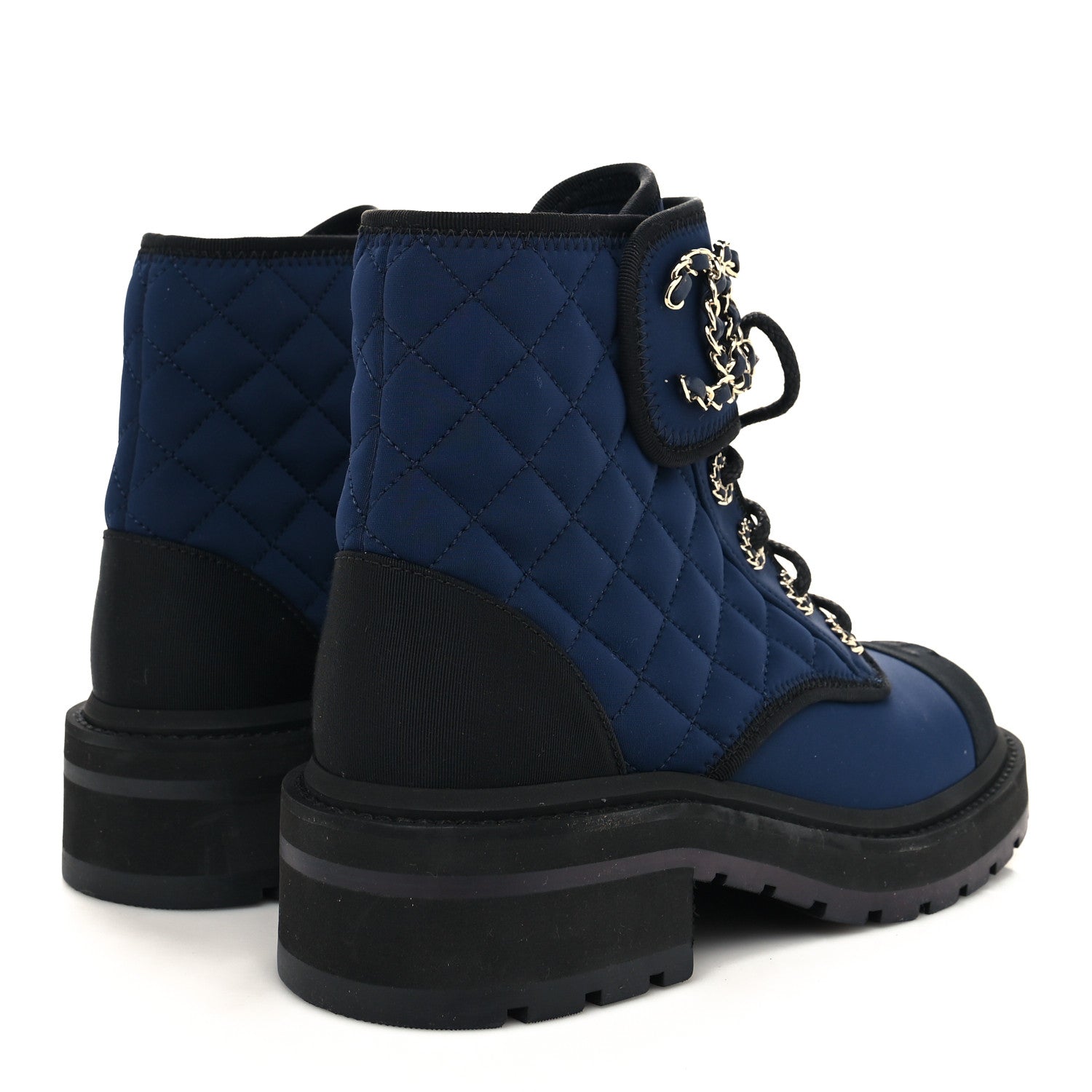 Chanel Fabric Grosgrain Quilted Cap Toe Lace Up Combat Boots 36 Navy Black 4 of 7