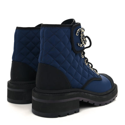 Chanel Fabric Grosgrain Quilted Cap Toe Lace Up Combat Boots 36 Navy Black 4 of 7