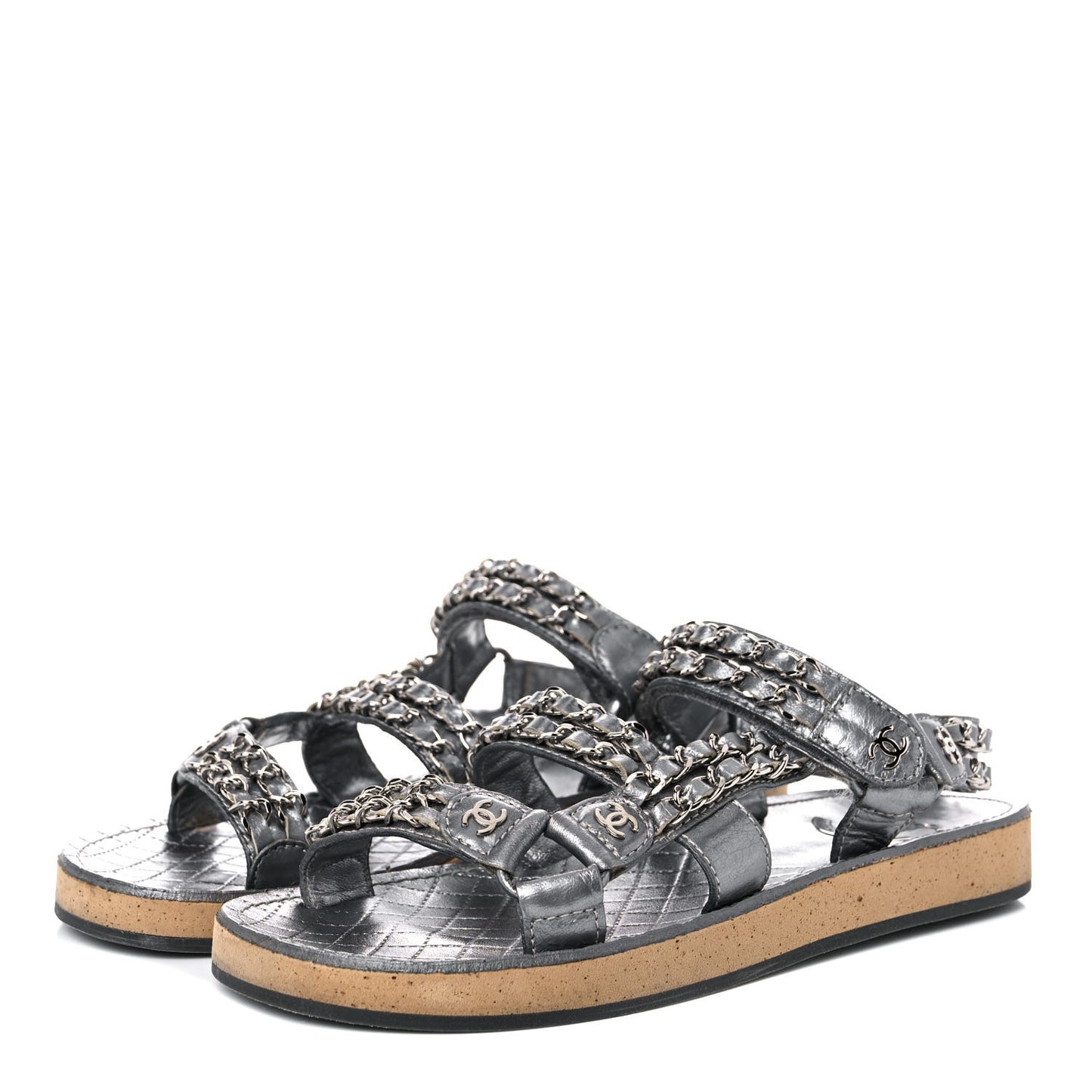 Metallic Lambskin Chain Flat Sandals 35 Silver