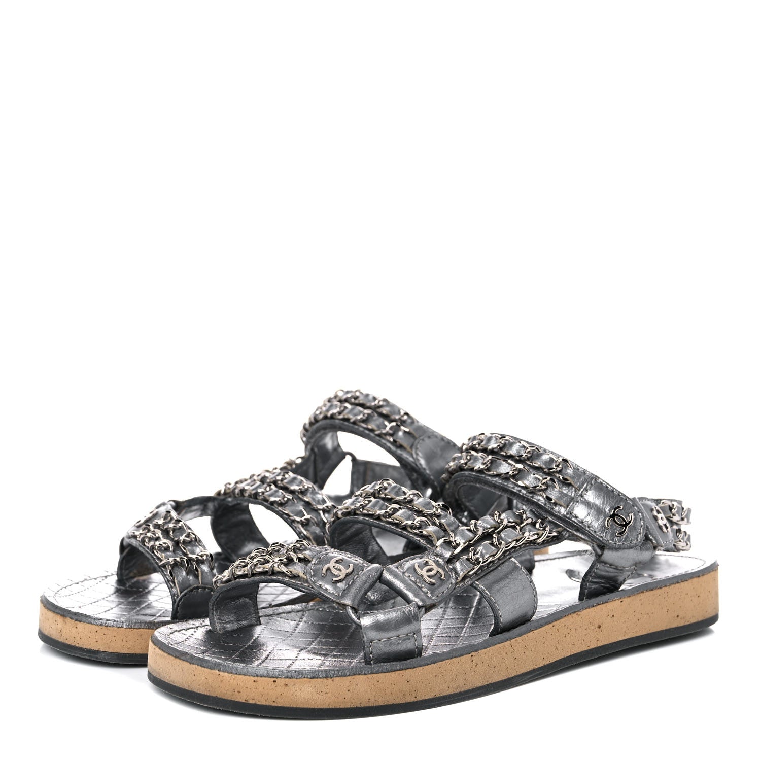Chanel Metallic Lambskin Chain Flat Sandals 35 Silver 3 of 17