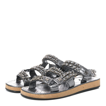 Chanel Metallic Lambskin Chain Flat Sandals 35 Silver 3 of 17