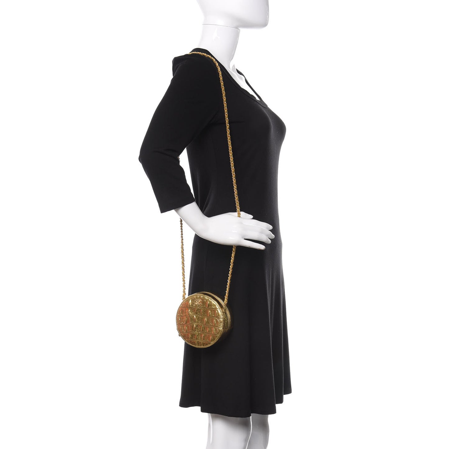 Metallic Calfskin Crocodile Embossed Cocodile Round Clutch with Chain Gold